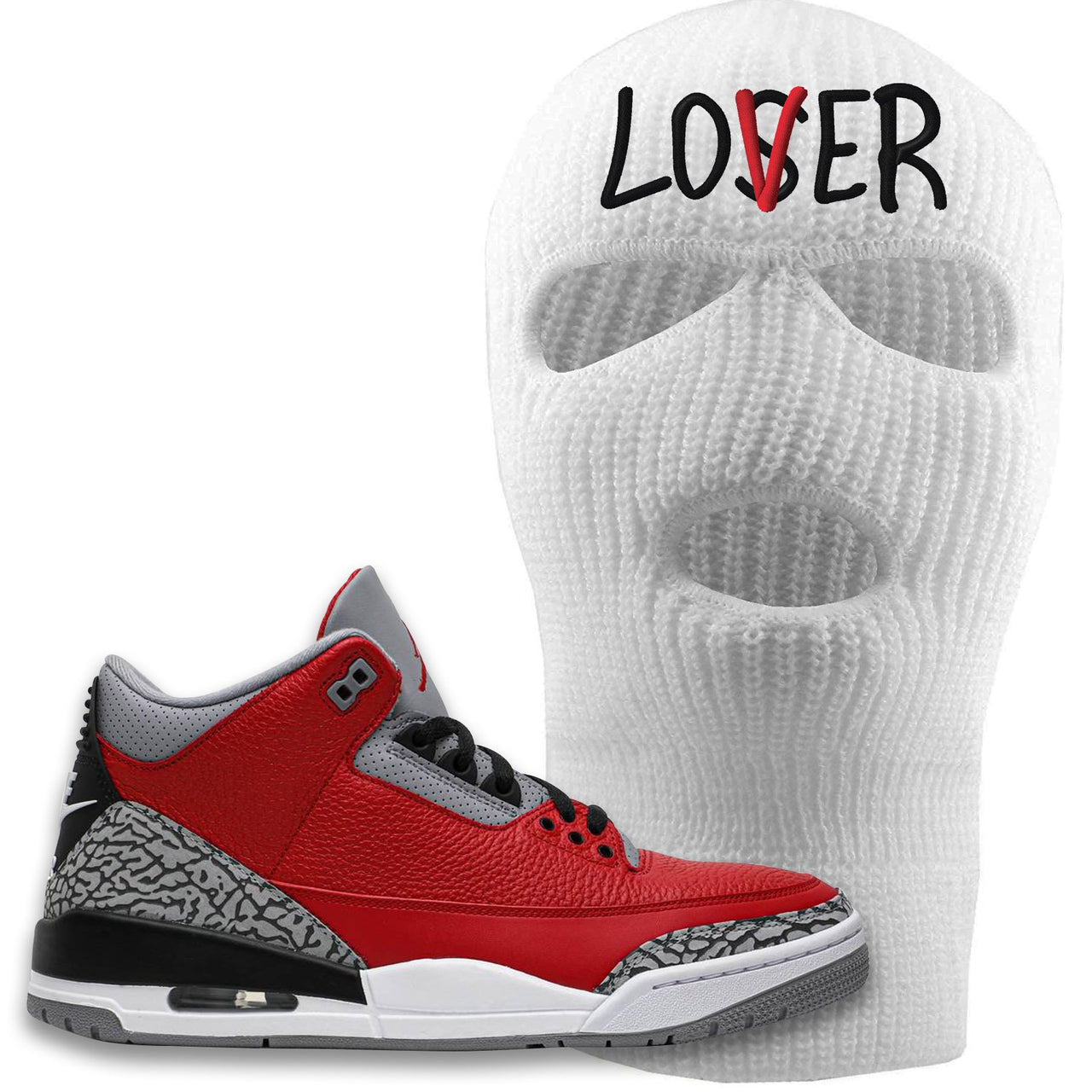 Jordan 3 Red Cement Chicago All-Star Sneaker White Ski Mask | Winter Mask to match Jordan 3 All Star Red Cement Shoes | Lover
