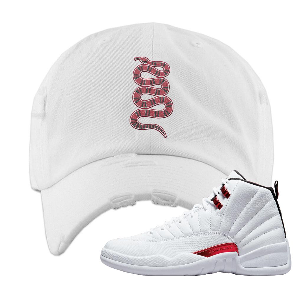 Twist White Red 12s Distressed Dad Hat | Coiled Snake, White