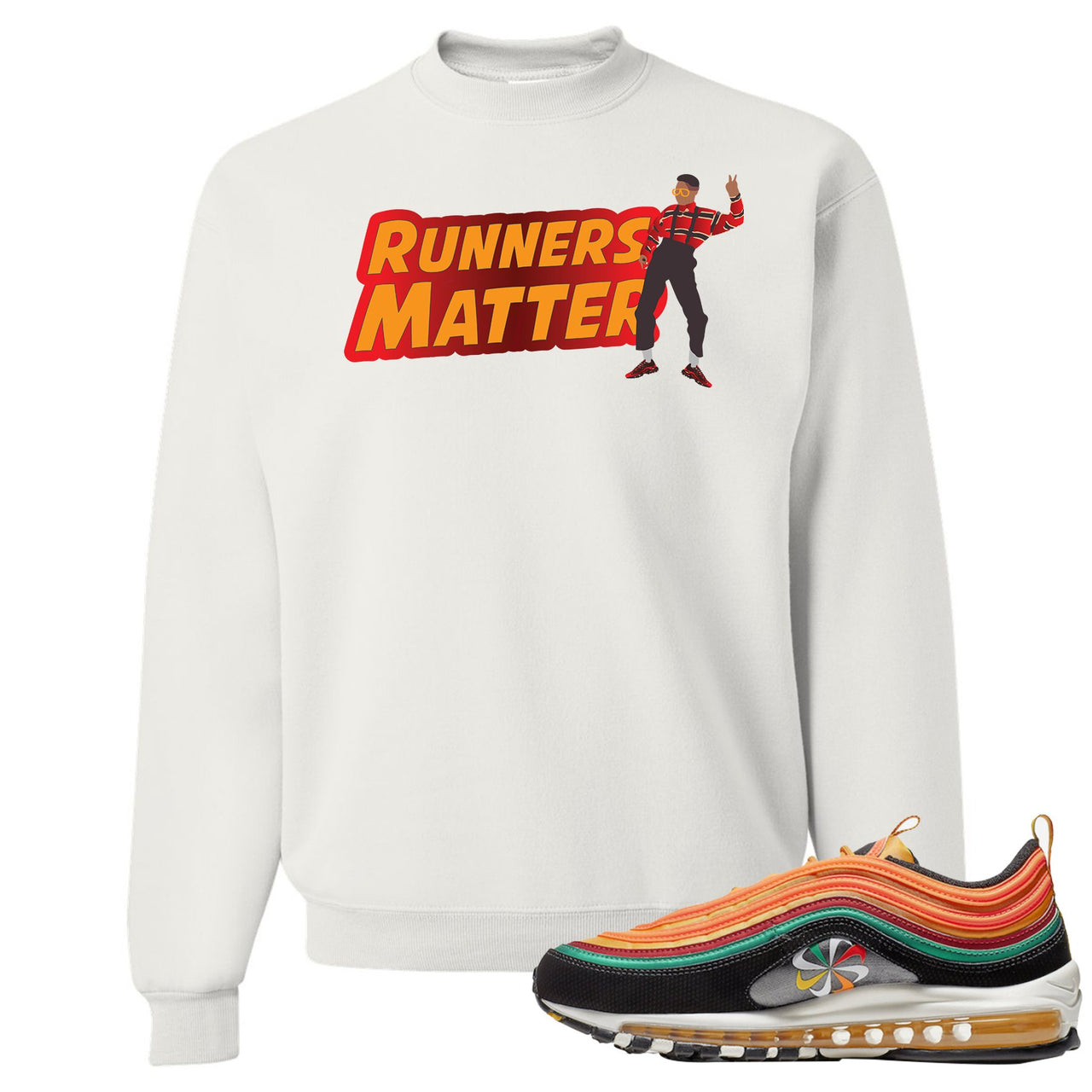 Printed on the front of the Air Max 97 Sunburst white sneaker matching crewneck sweatshirt is the Runners Matter logo