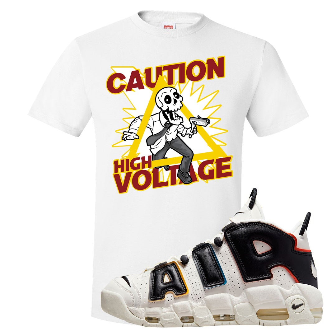 Multicolor Uptempos T Shirt | Caution High Voltage, White