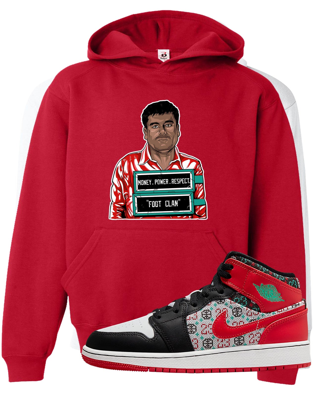 Ugly Sweater GS Mid 1s Kid's Hoodie | El Chapo Illustration, Red