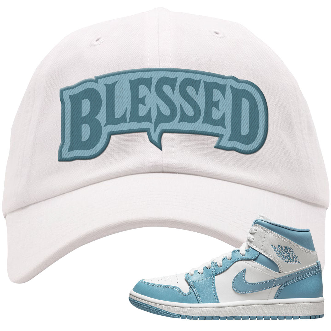 University Blue Mid 1s Dad Hat | Blessed Arch, White