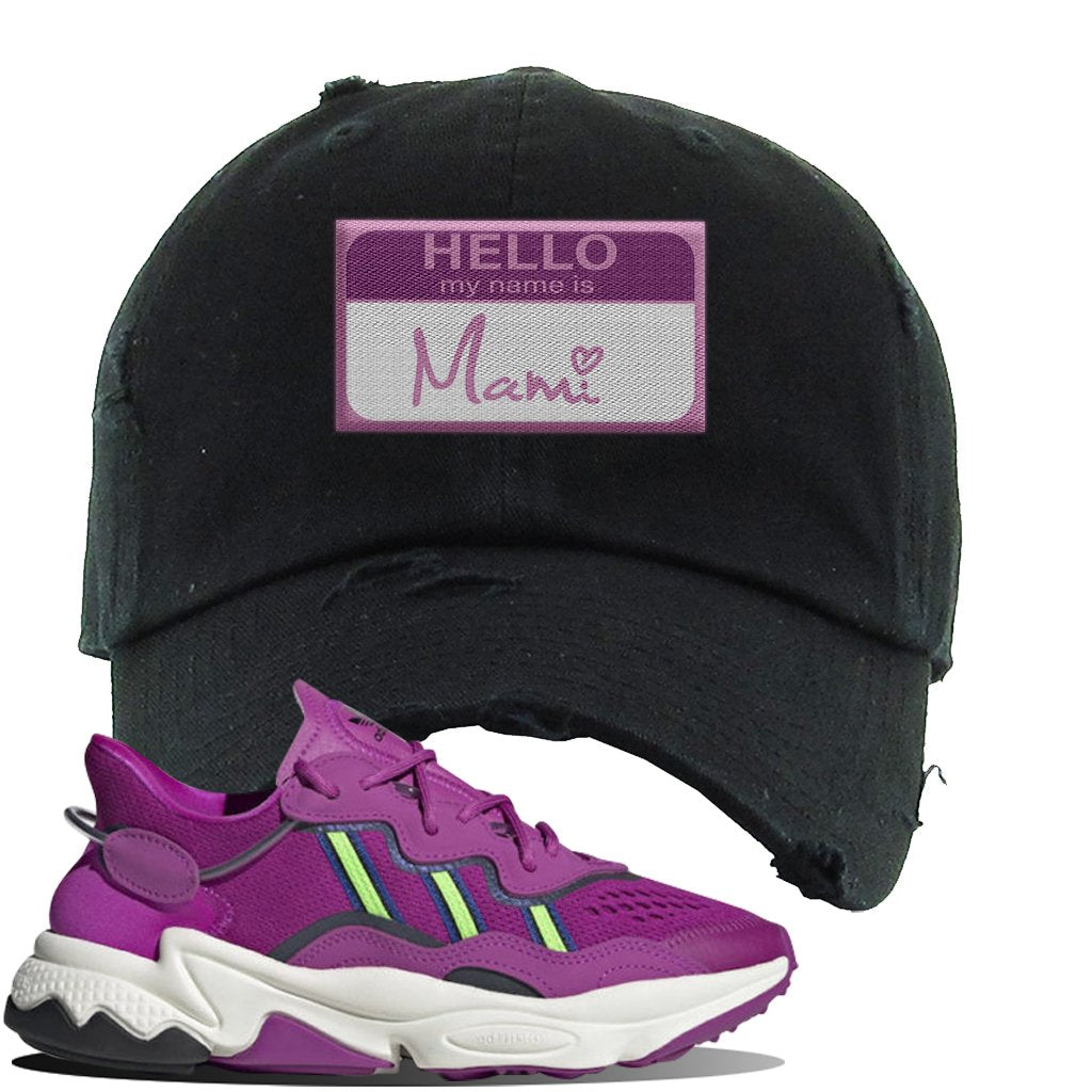 Ozweego Vivid Pink Sneaker Black Distressed Dad Hat | Hat to match Adidas Ozweego Vivid Pink Shoes | Hello my Name is Mami
