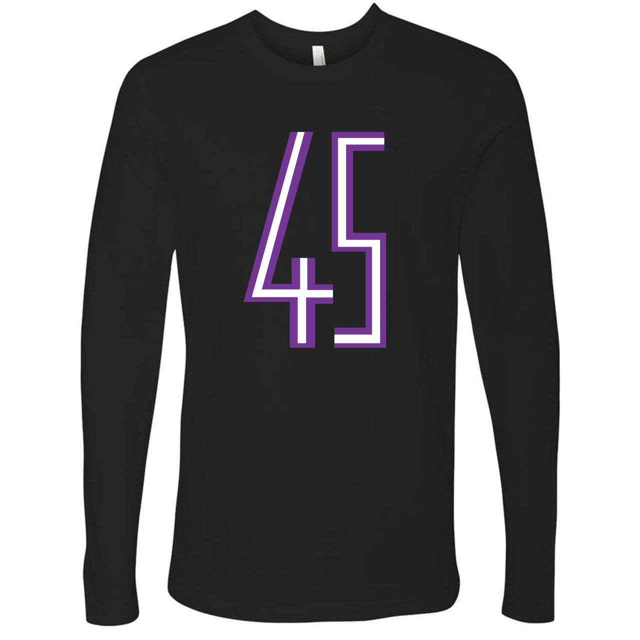 Printed on the front of the Jordan 11 Concord 45 sneaker matching longsleeve tee is the 45 logo in white and purple