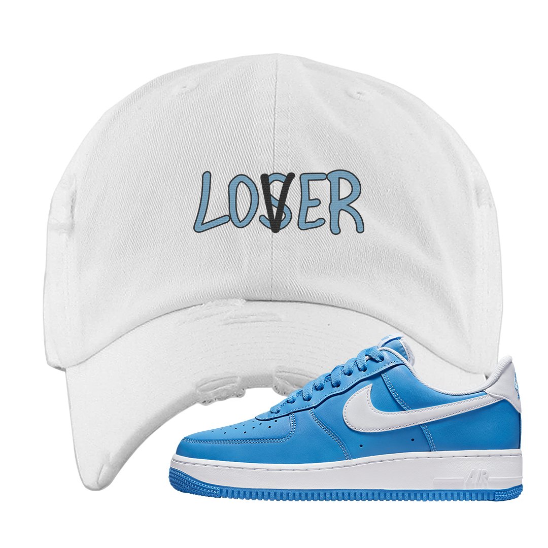 University Blue Low AF1s Distressed Dad Hat | Lover, White