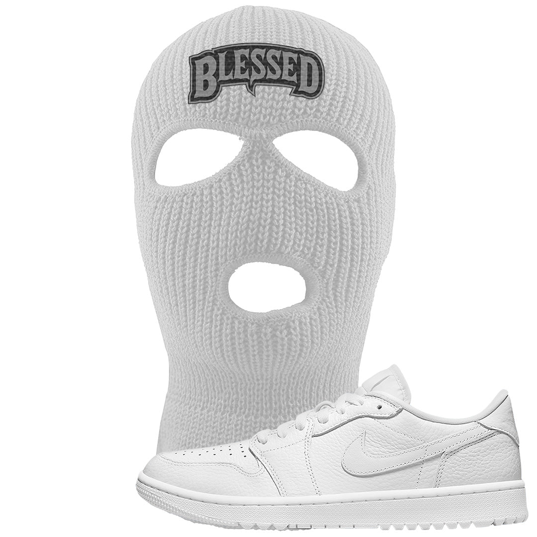 Triple White Golf Low 1s Ski Mask | Blessed Arch, White