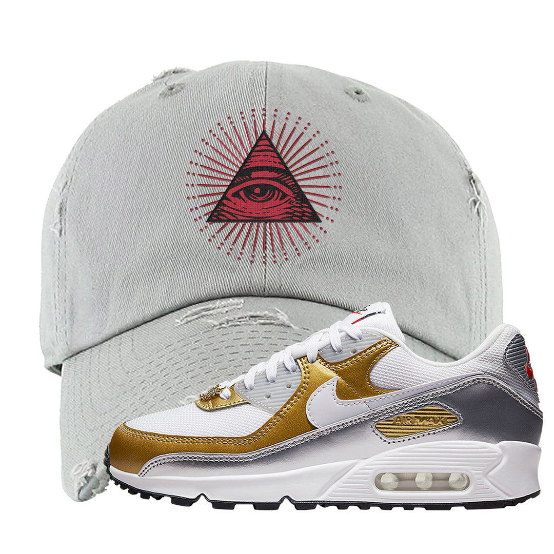 Gold Silver 90s Distressed Dad Hat | All Seeing Eye, Light Gray
