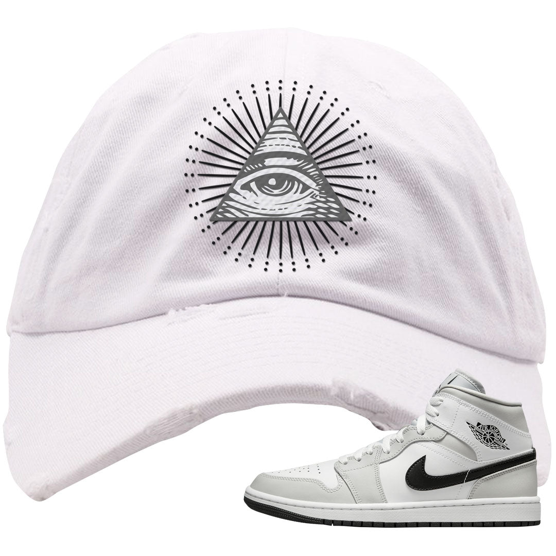 Light Smoke Grey Mid 1s Distressed Dad Hat | All Seeing Eye, White