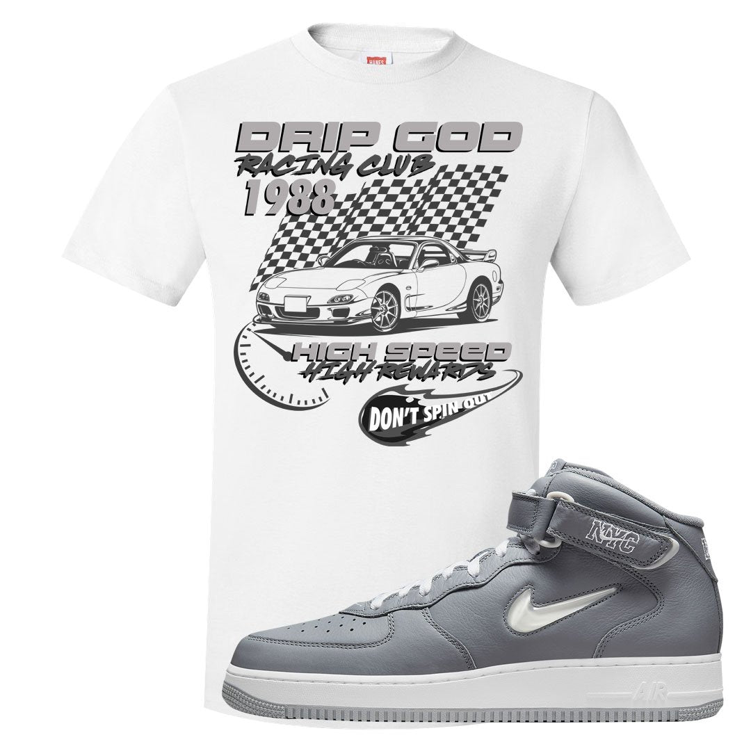 Cool Grey NYC Mid AF1s T Shirt | Drip God Racing Club, White