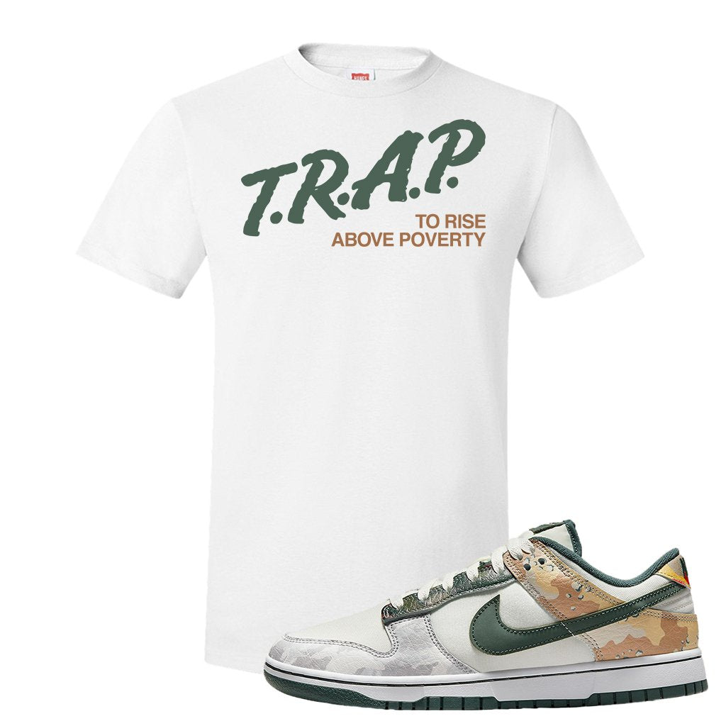 Camo Low Dunks T Shirt | Trap To Rise Above Poverty, White