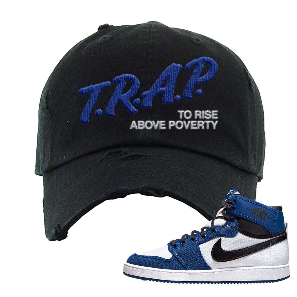 KO Storm Blue 1s Distressed Dad Hat | Trap To Rise Above Poverty, Black