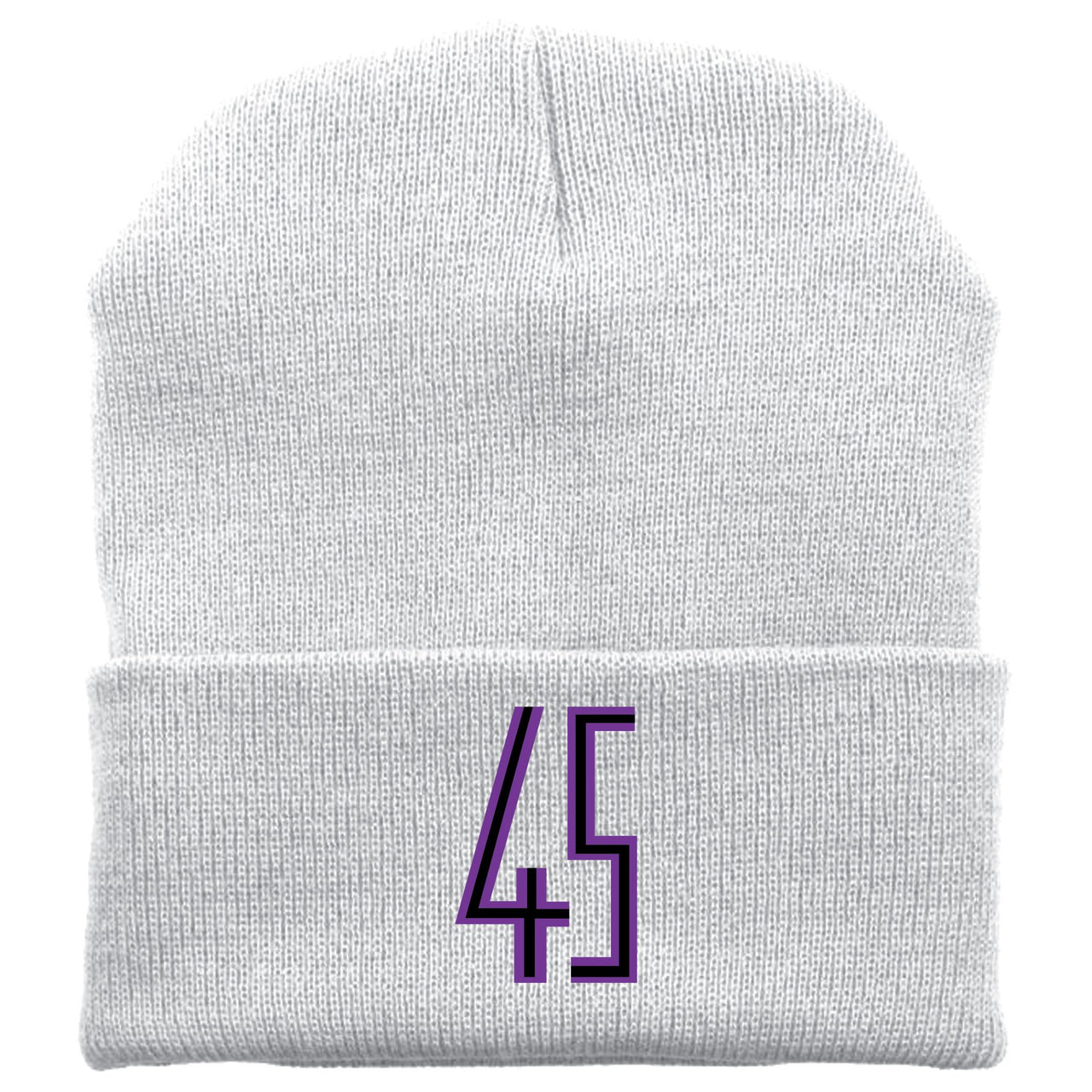 Embroidered on the front of the Jordan 11 Concord 45s sneaker matching winter beanie is the 45 logo in purple and black