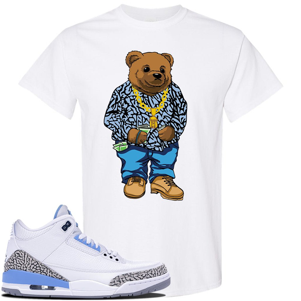 Jordan 3 UNC Sneaker White T Shirt | Tees to match Nike Air Jordan 3 UNC Shoes | Sweater Bear
