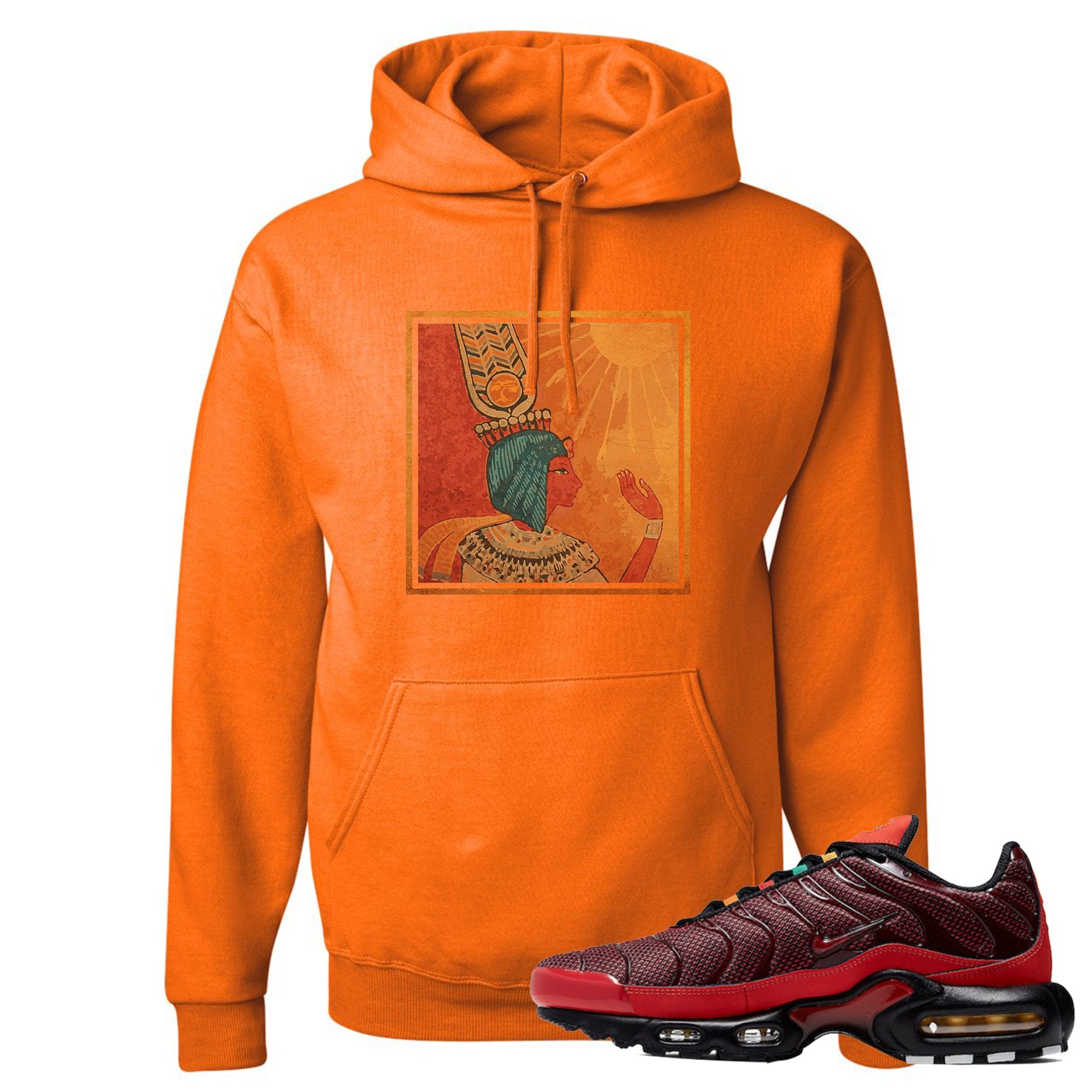 printed on the front of the air max plus sunburst sneaker matching safety orange pullover hoodie is the vintage egyptian logo