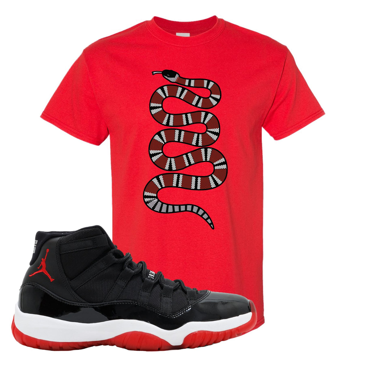 Jordan 11 Bred Coiled Snake Red Sneaker Hook Up T-Shirt