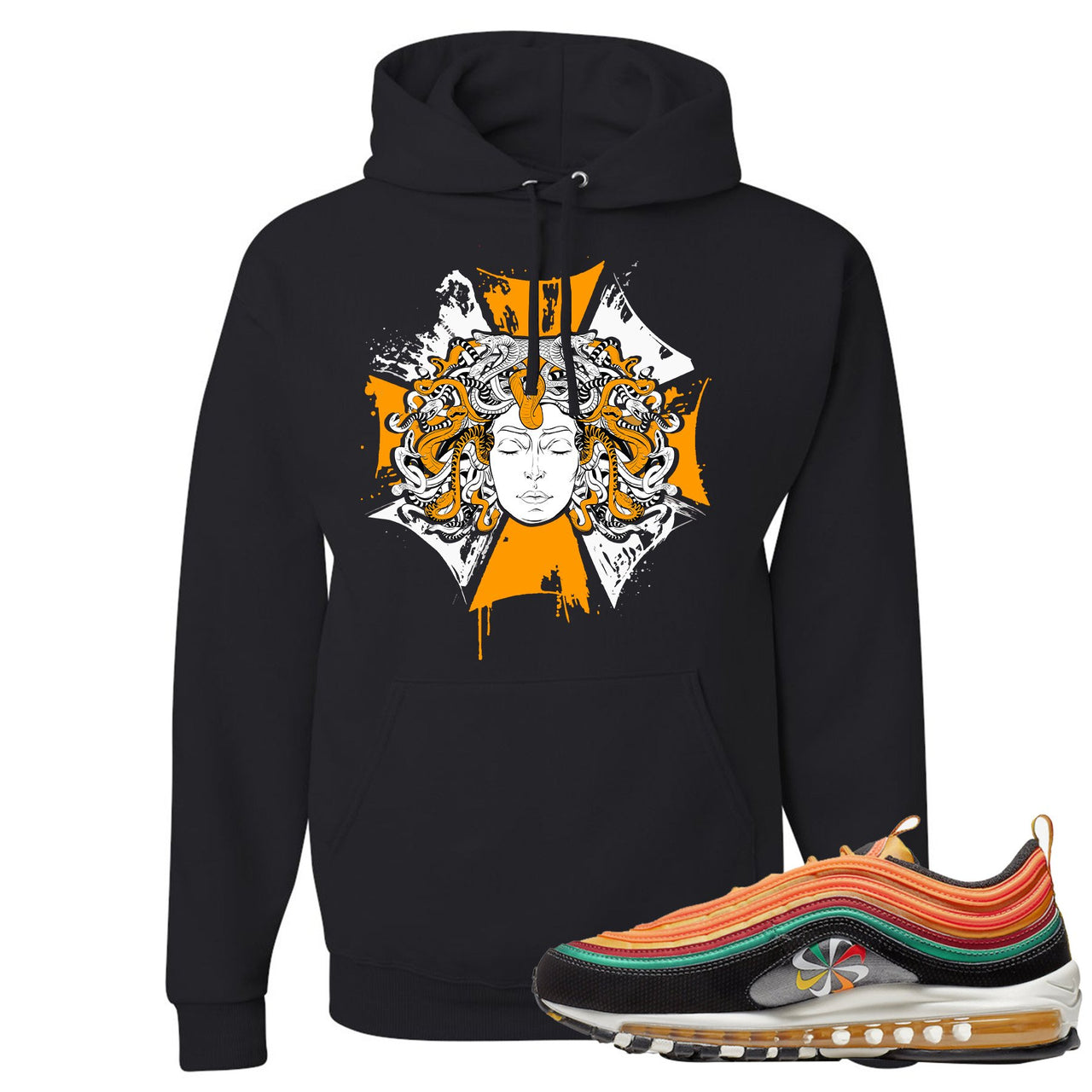 Printed on the front of the Air Max 97 Sunburst black sneaker matching pullover hoodie is the Medusa logo