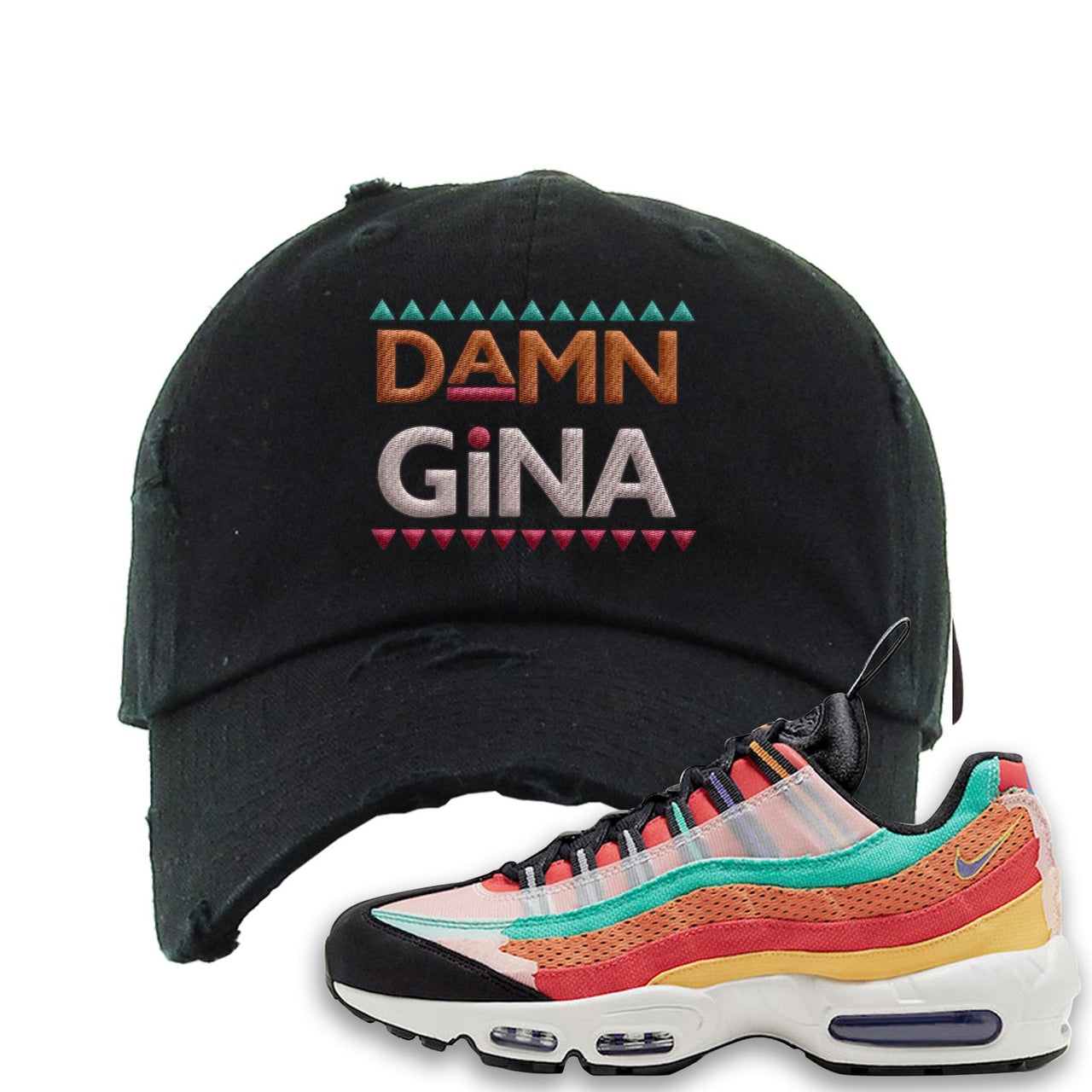Air Max 95 Black History Month Sneaker Black Distressed Dad Hat | Hat to match Air Max 95 Black History Month Shoes | Damn Gina