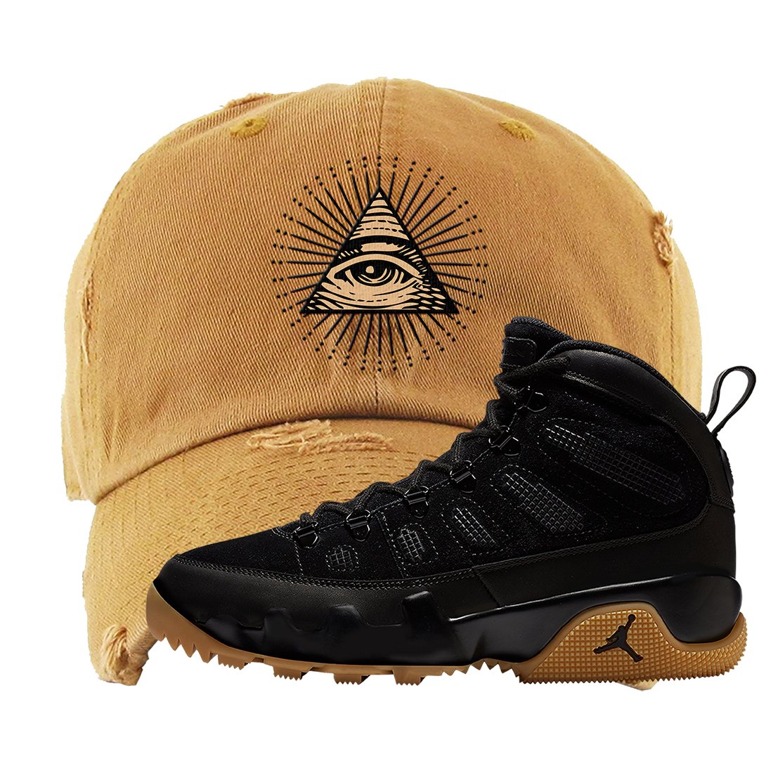 NRG Black Gum Boot 9s Distressed Dad Hat | All Seeing Eye, Timberland