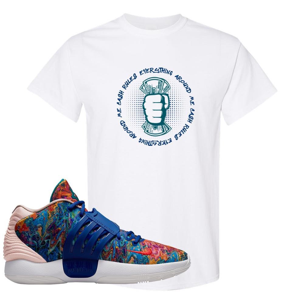 Deep Royal KD 14s T Shirt | Cash Rules Everything Around Me, White