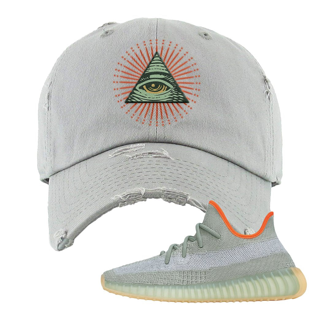 Yeezy 350 V2 Desert Sage Sneaker Distressed Dad Hat | All Seeing Eye | Light Gray