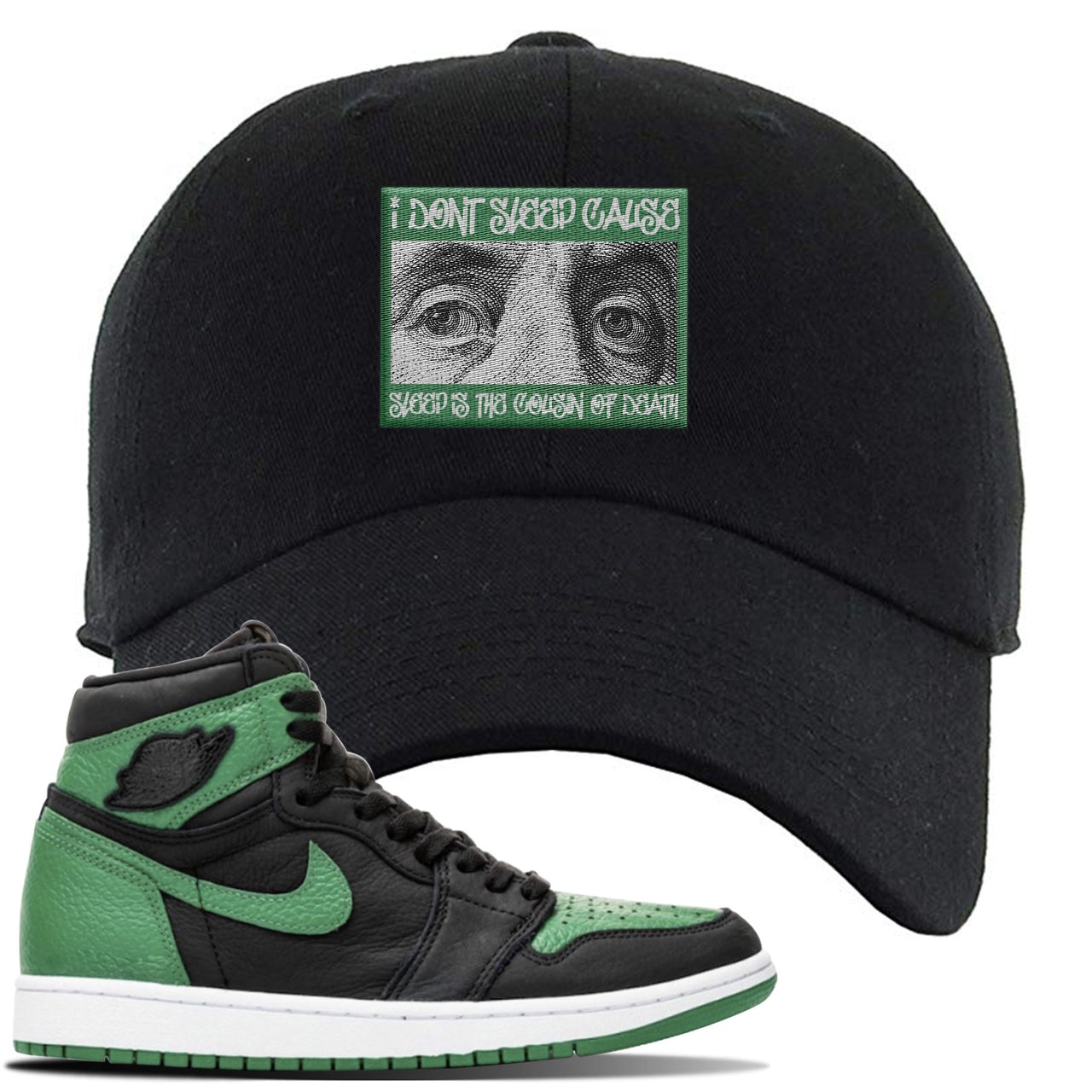 Jordan 1 Retro High OG Pine Green Gym Sneaker Black Dad Hat | Hat to match Air Jordan 1 Retro High OG Pine Green Gym Shoes | Franklin Eyes