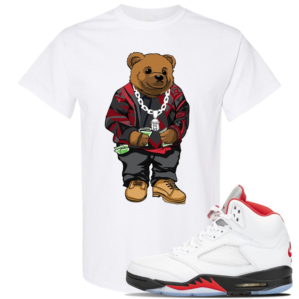 Jordan 5 OG Fire Sneaker White T Shirt | Tees to match Nike Air Jordan 5 OG Fire Shoes | Sweater Bear