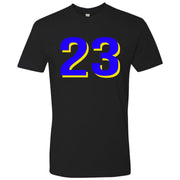 Printed on the front of the Air Jordan 5 Laney sneaker matching t-shirt is the 23 logo in blue and yellow