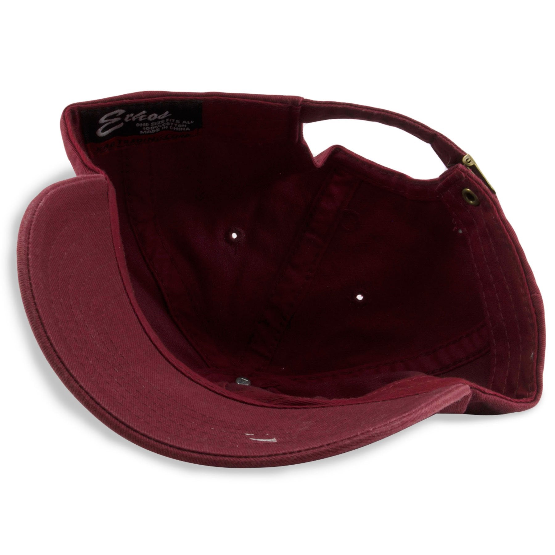 The under brim of the Boy Bye maroon adjustable baseball cap is maroon