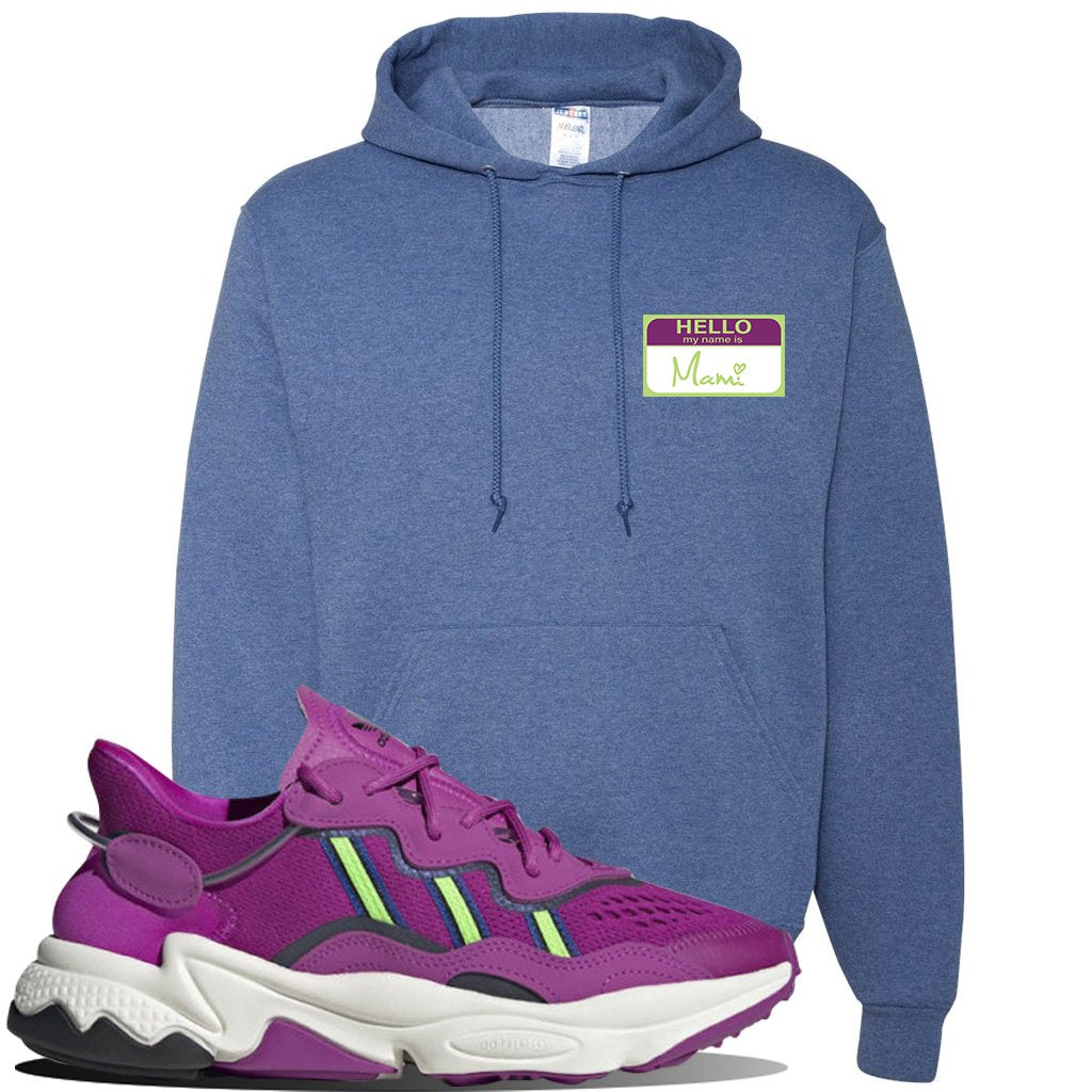 Ozweego Vivid Pink Sneaker Vintage Heather Blue Pullover Hoodie | Hoodie to match Adidas Ozweego Vivid Pink Shoes | Hello my Name is Mami