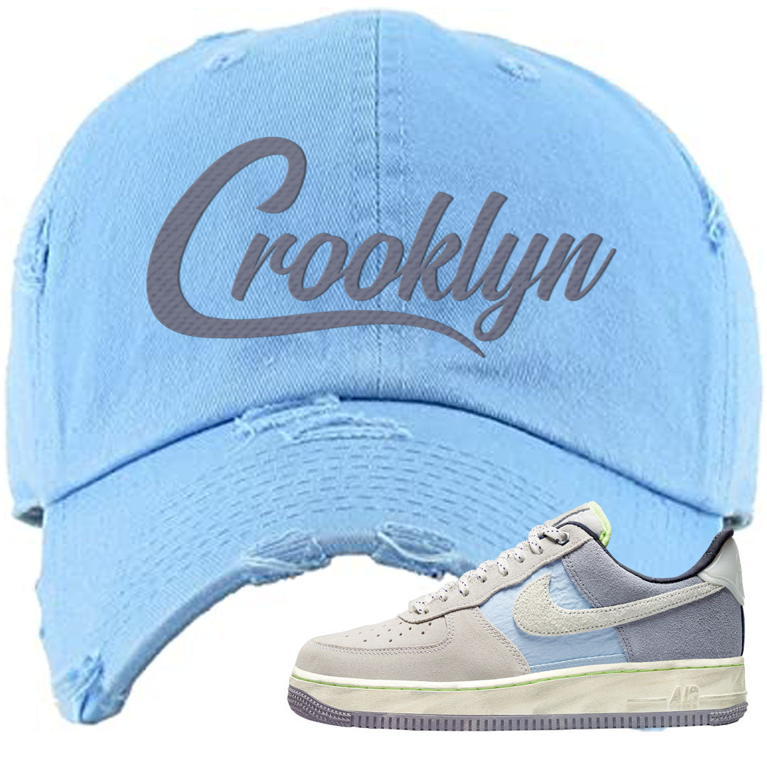 Womens Mountain White Blue AF 1s Distressed Dad Hat | Crooklyn, Light Blue