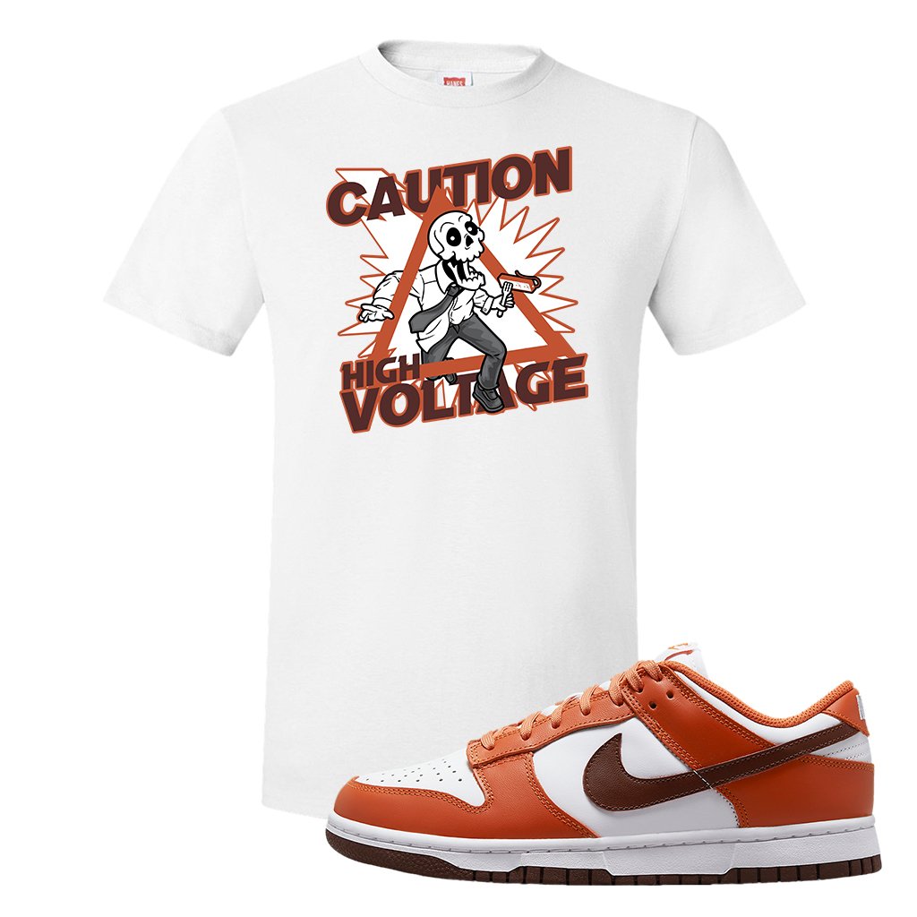 Reverse Mesa Low Dunks T Shirt | Caution High Voltage, White