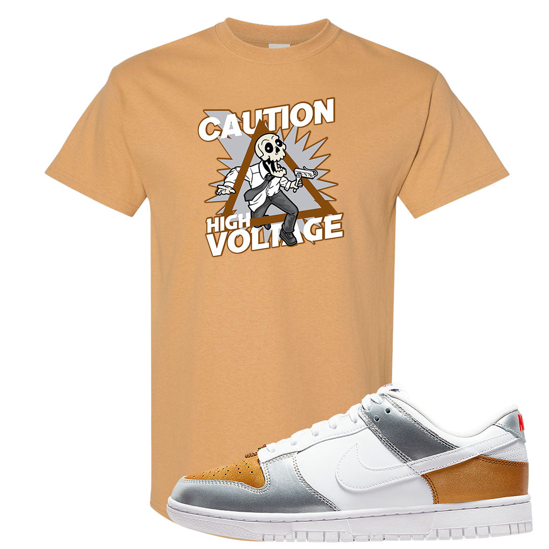 Gold Silver Red Low Dunks T Shirt | Caution High Voltage, Old Gold