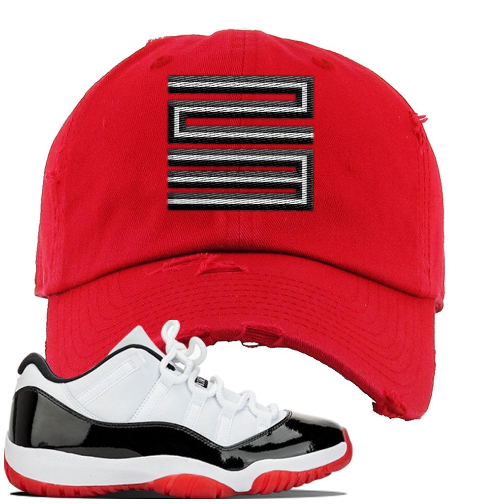 Jordan 11 Low White Black Red Sneaker Red Distressed Dad Hat | Hat to match Nike Air Jordan 11 Low White Black Red Shoes | Jordan 11 23