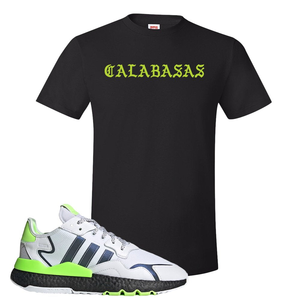 Nite Jogger Signal Green Sneaker Black T Shirt | Tees to match Adidas Nite Jogger Signal Green Shoes | Calabasas