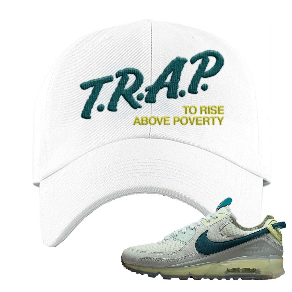 Seafoam Dark Teal Green 90s Dad Hat | Trap To Rise Above Poverty, White