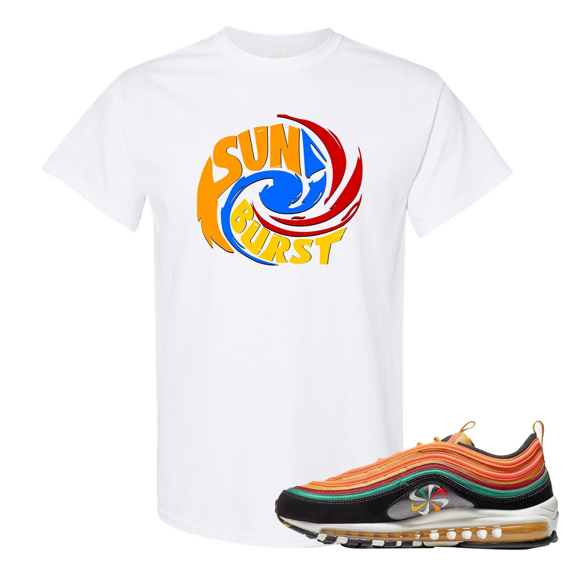 Printed on the front of the Air Max 97 sunburst white sneaker matching tee shirt is the Sunburst Hurricane logo