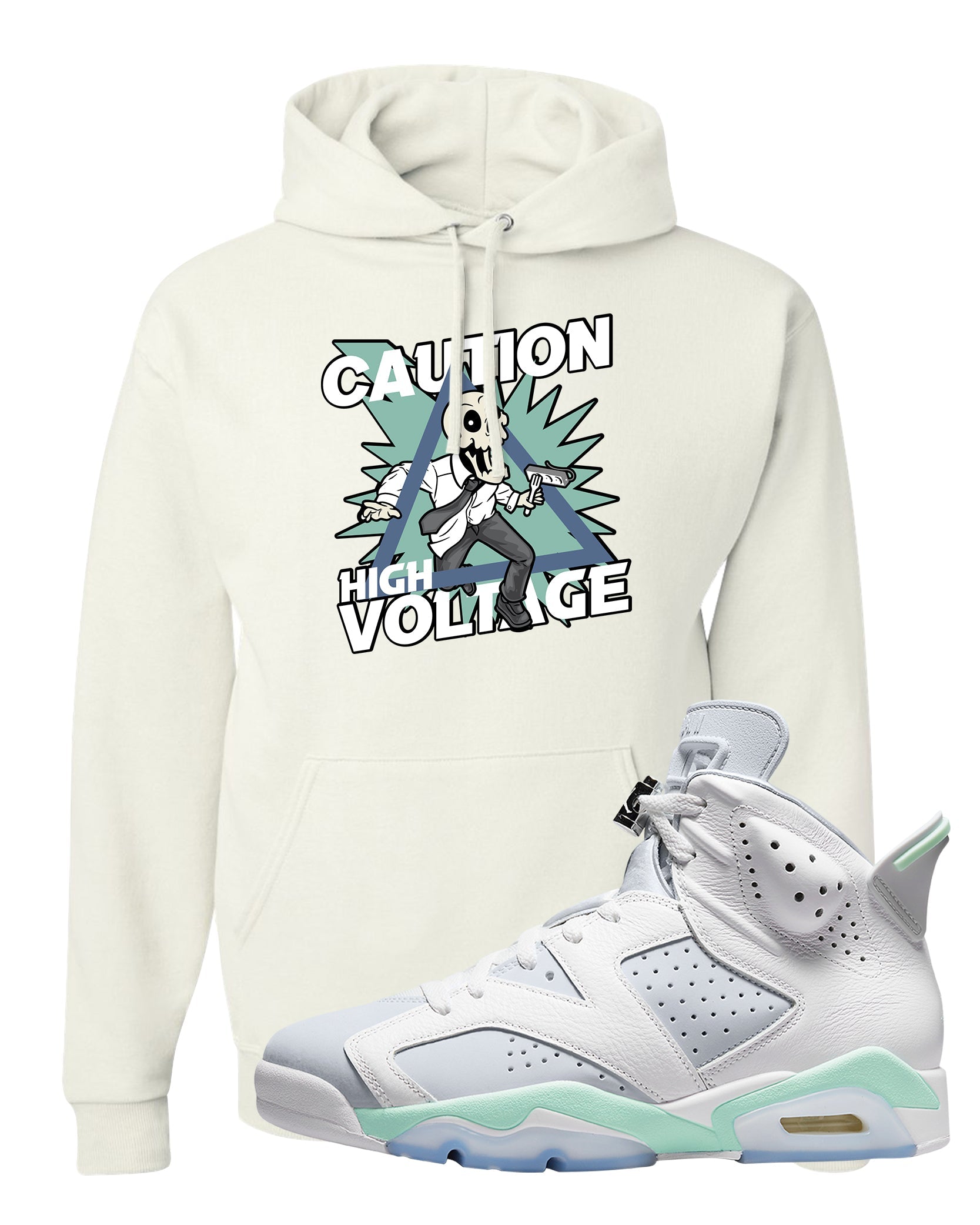 Mint Foam 6s Hoodie | Caution High Voltage, White