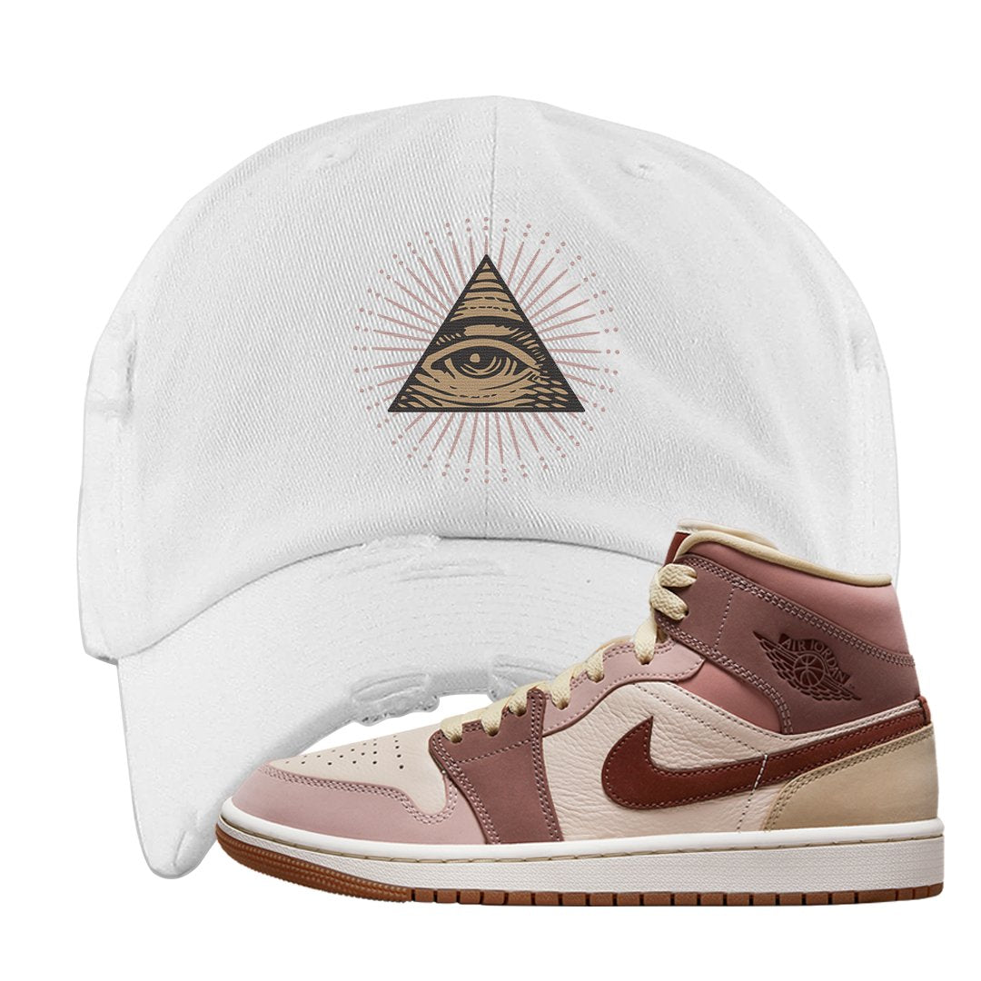 Pink Sand Mauve Mid 1s Distressed Dad Hat | All Seeing Eye, White