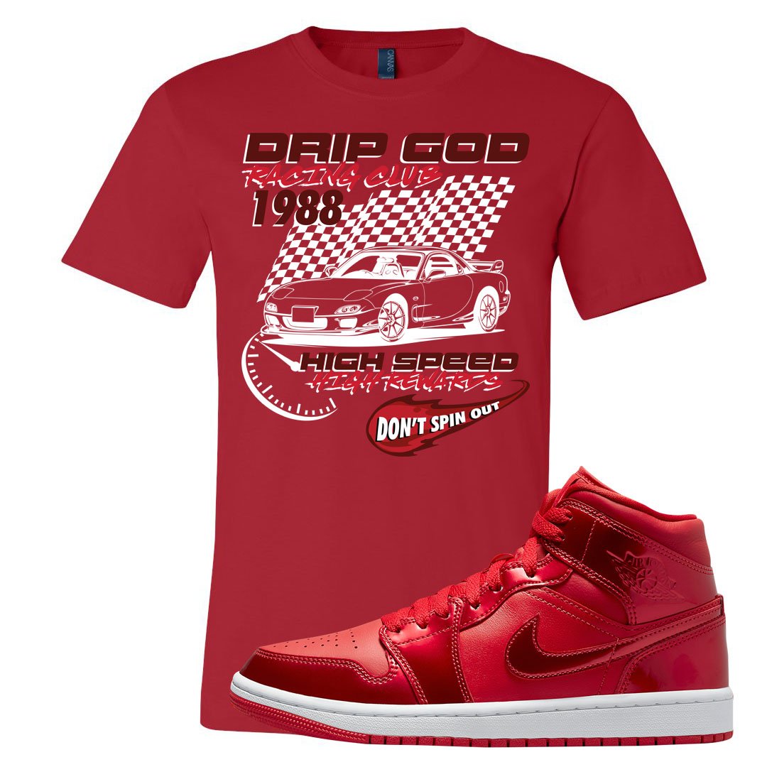 University Red Pomegranate Mid 1s T Shirt | Drip God Racing Club, Red