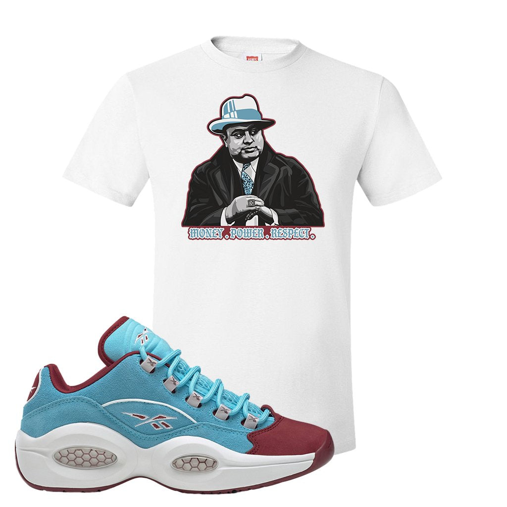 Maroon Light Blue Question Lows T Shirt | Capone Illustration, White