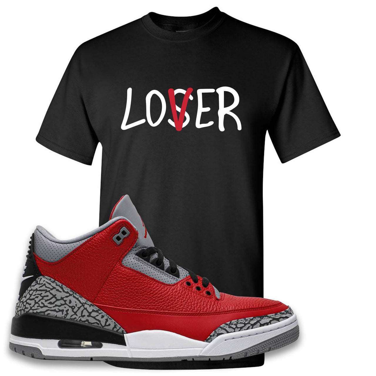 Jordan 3 Red Cement Chicago All-Star Sneaker Black T Shirt | Tees to match Jordan 3 All Star Red Cement Shoes | Lover