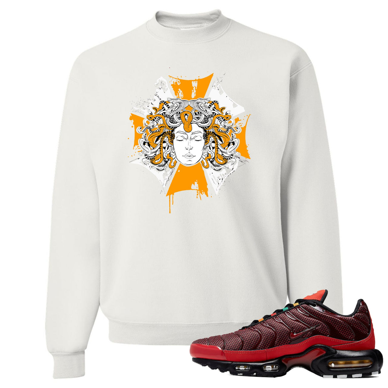 printed on the front of the air max plus sunburst sneaker matching white crewneck sweatshirt is the medusa sunburst logo
