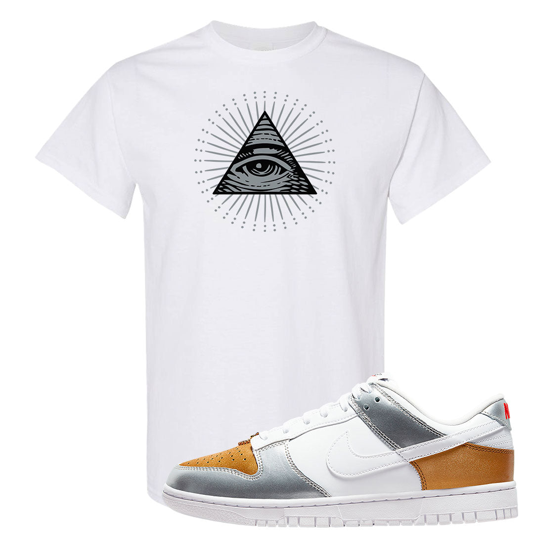 Gold Silver Red Low Dunks T Shirt | All Seeing Eye, White
