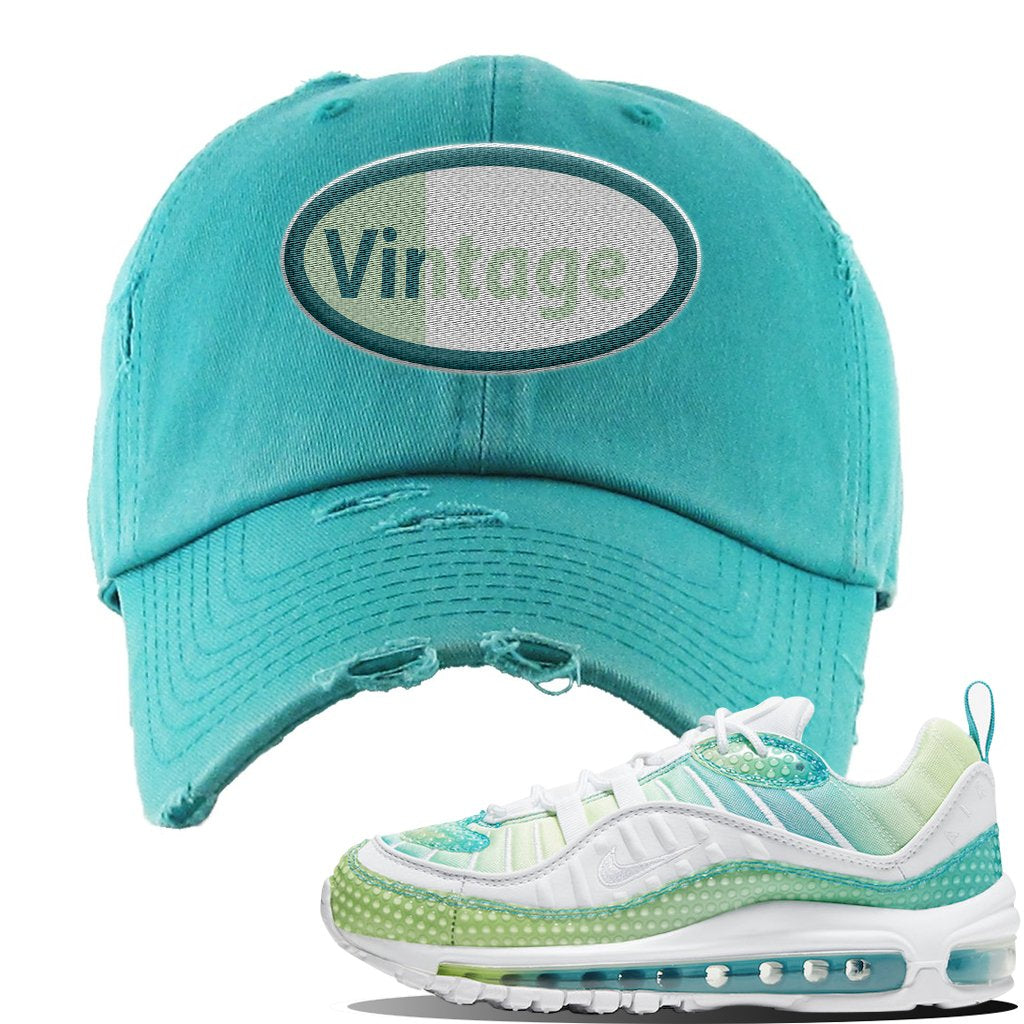 WMNS Air Max 98 Bubble Pack Sneaker Turquoise Distressed Dad Hat | Hat to match Nike WMNS Air Max 98 Bubble Pack Shoes | Vintage Oval
