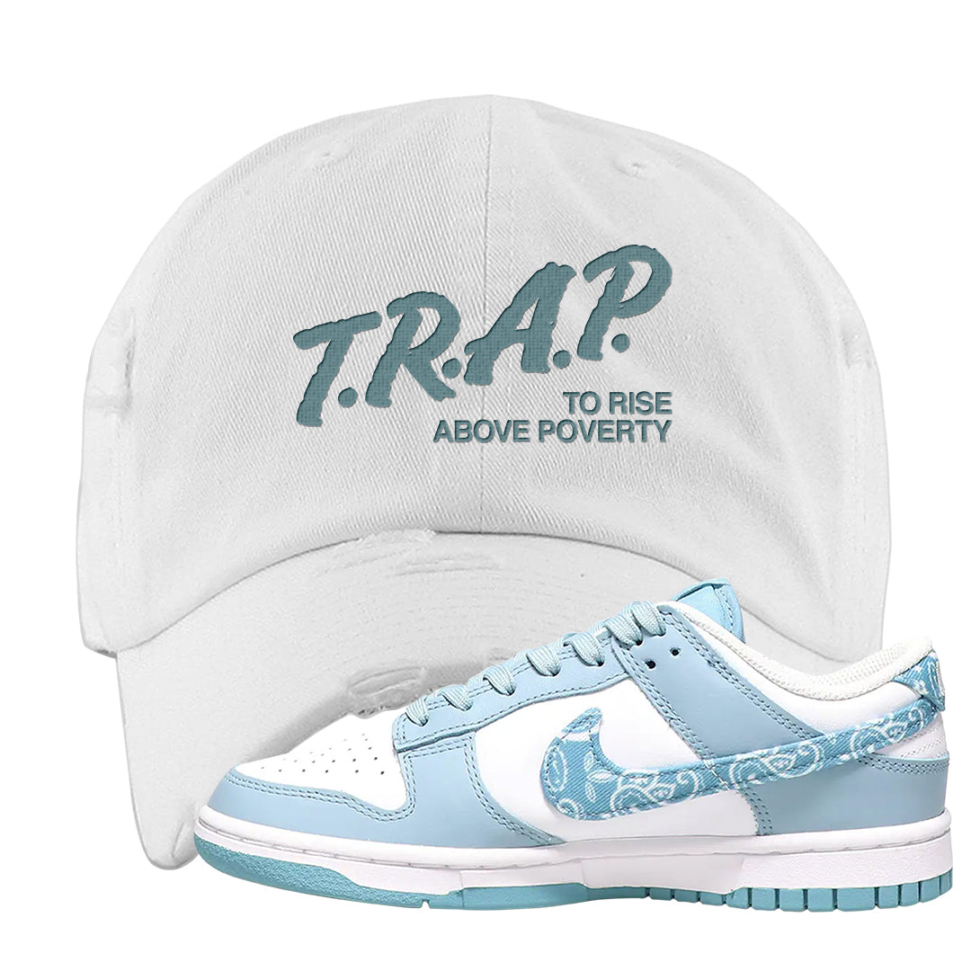 Paisley Light Blue Low Dunks Distressed Dad Hat | Trap To Rise Above Poverty, White