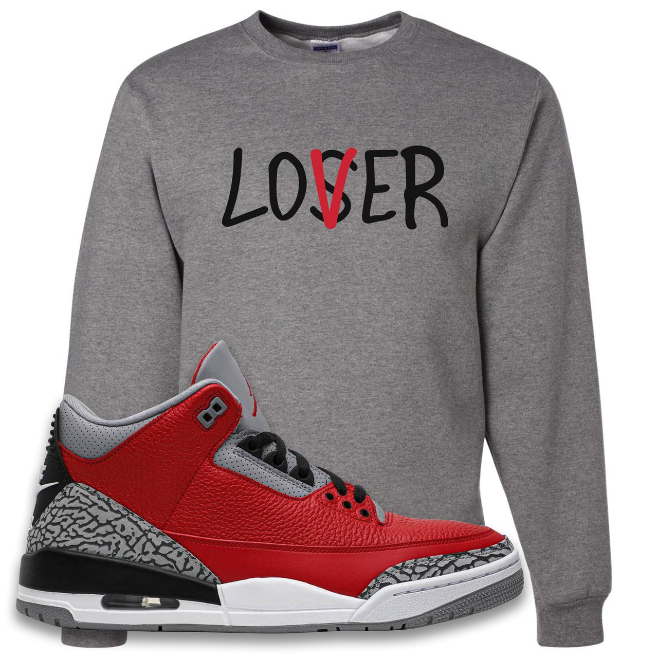 Chicago Exclusive Jordan 3 Red Cement Sneaker Oxford Crewneck Sweatshirt | Crewneck to match Jordan 3 All Star Red Cement Shoes | Lover