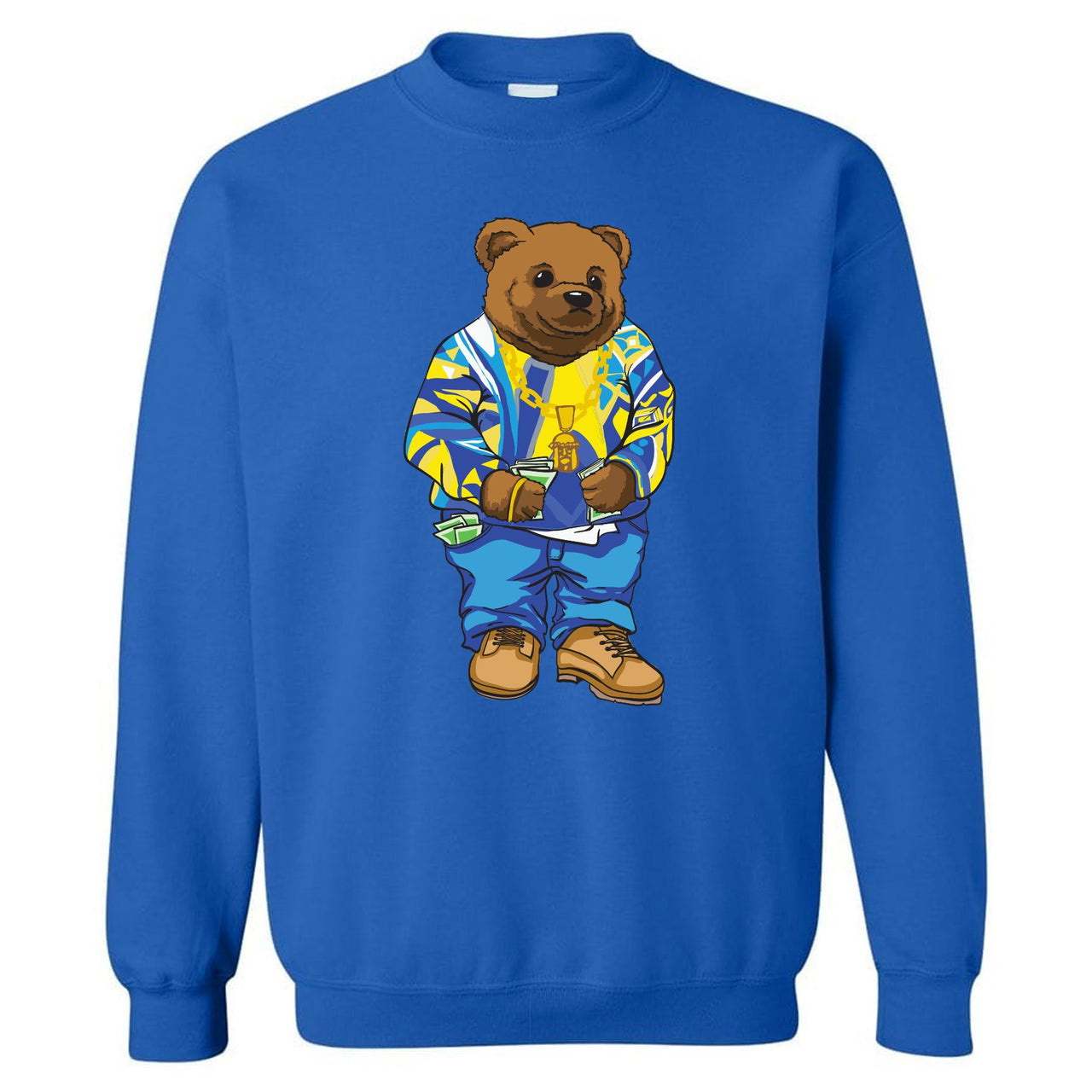 Printed on the front of the Air Jordan 5 Alternate Laney sneaker matching blue crewneck is the Sweater Bear wearing a coogi sweater that matches the Air Jordan 5 Laney sneakers