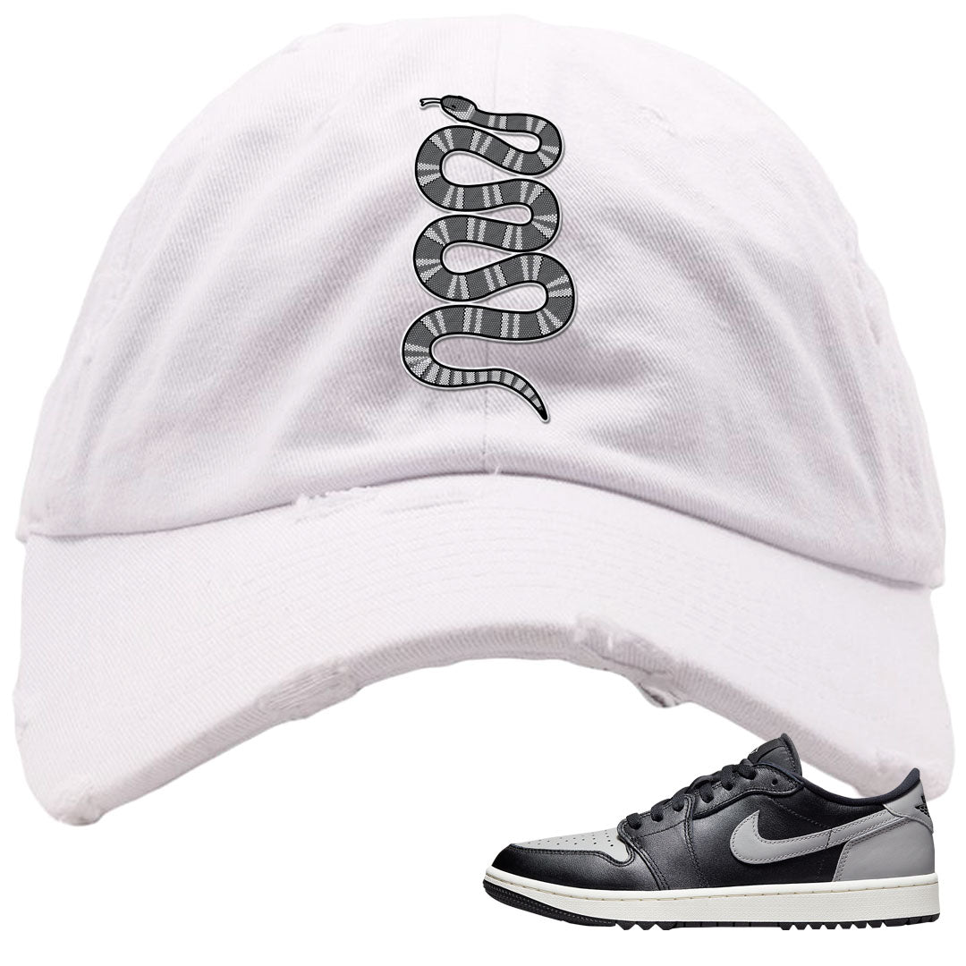 Shadow Golf Low 1s Distressed Dad Hat | Coiled Snake, White