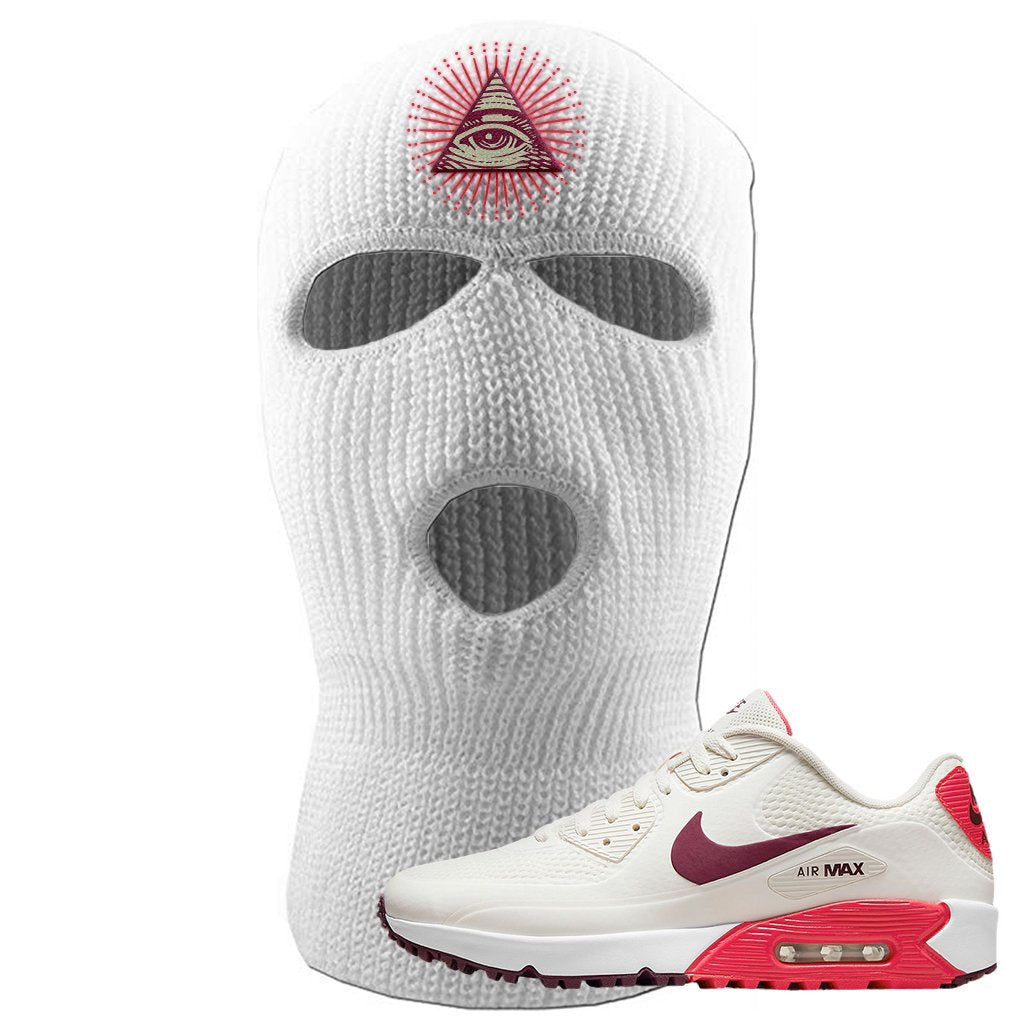 Fusion Red Dark Beetroot Golf 90s Ski Mask | All Seeing Eye, White