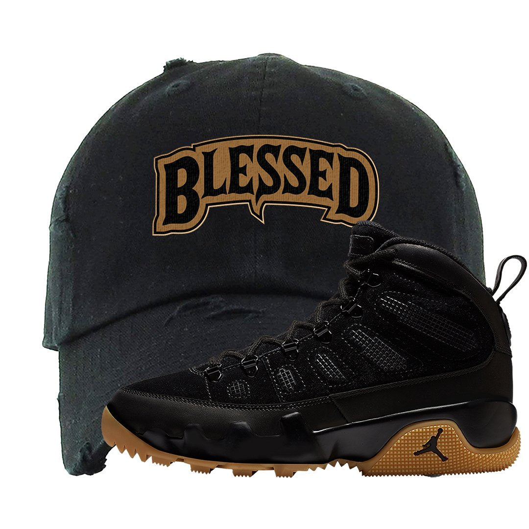 NRG Black Gum Boot 9s Distressed Dad Hat | Blessed Arch, Black